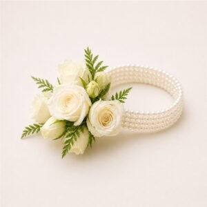 White wristlet corsage with pearl band and leather fern