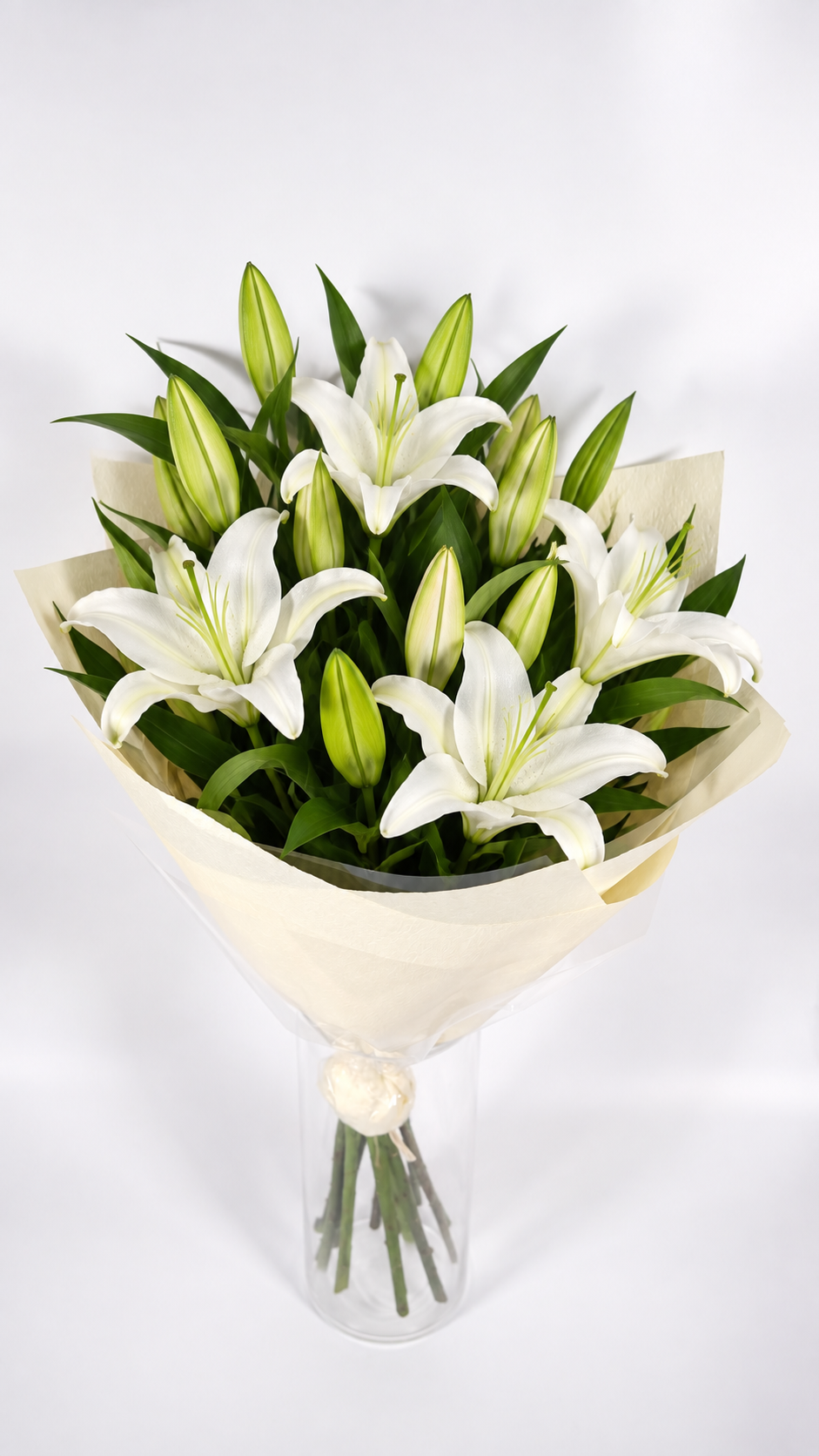 White Oriental lilies and green buds with foliage in ivory wrapping; vase not included.